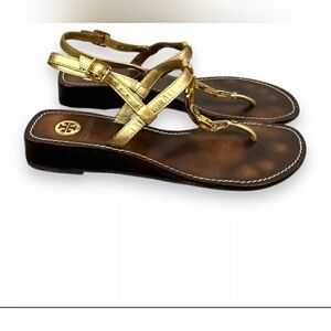Tory Burch Alani Metallic Gold Chain Brown Leather Thong Sandals Sz 7.5